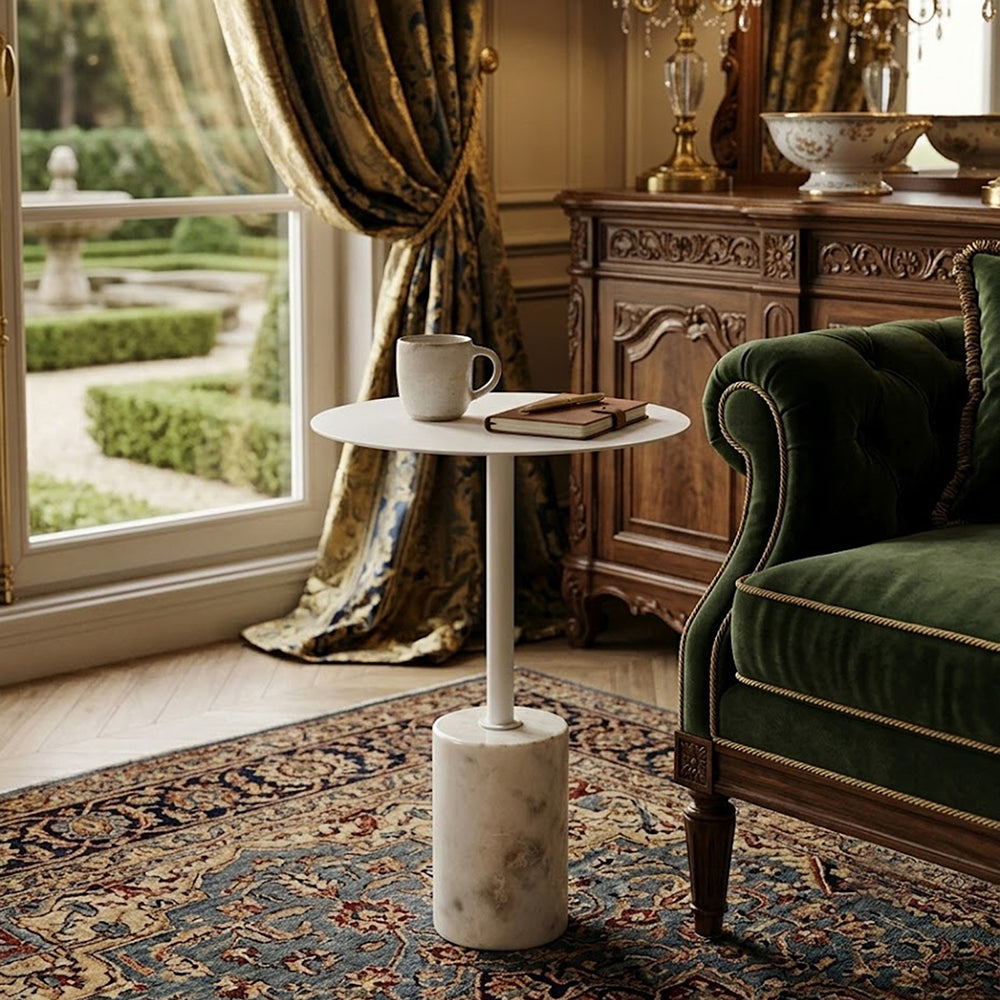 Emmy Metal Side Table With Marble Base - White