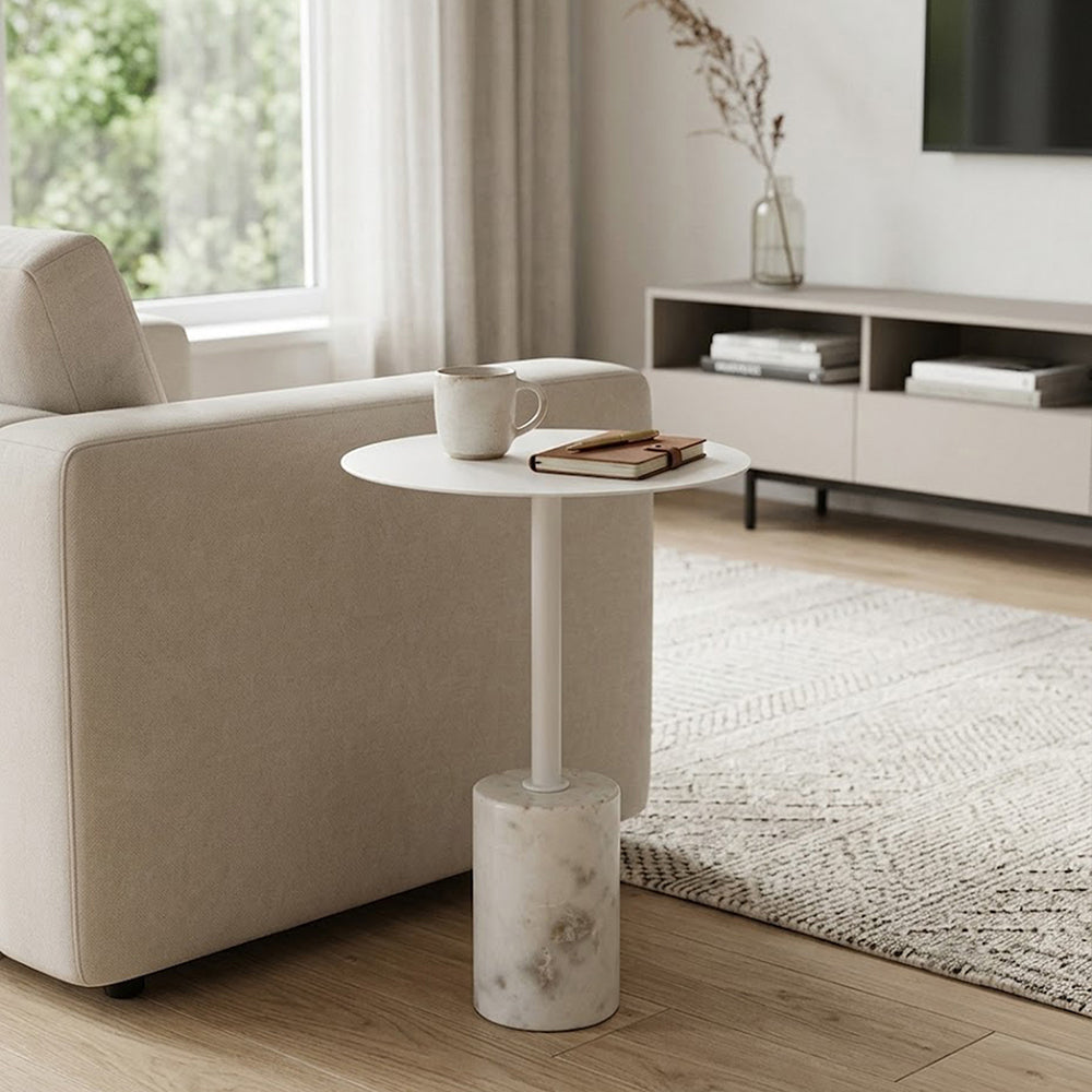 Emmy Metal Side Table With Marble Base - White