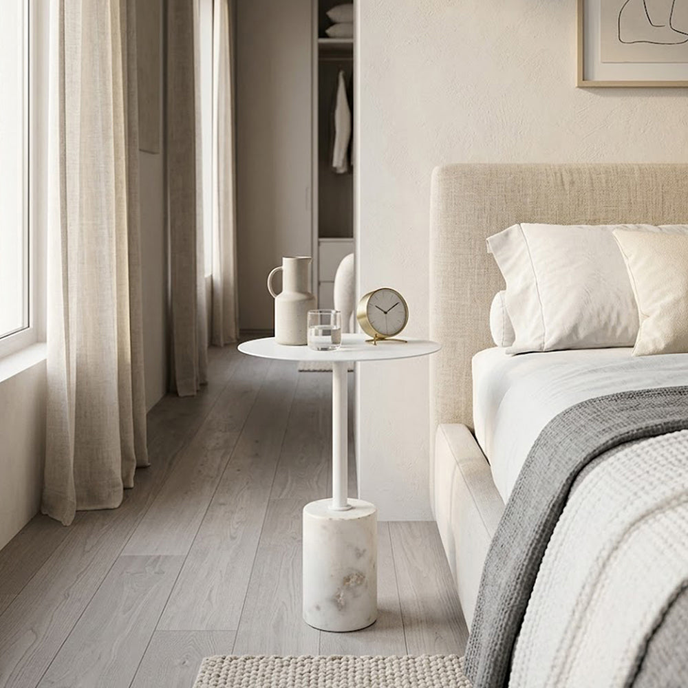 Emmy Metal Side Table With Marble Base - White