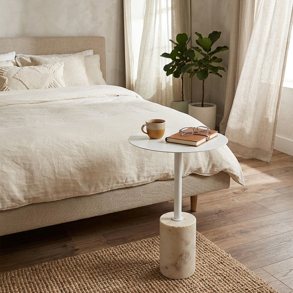 Emmy Metal Side Table With Marble Base - White