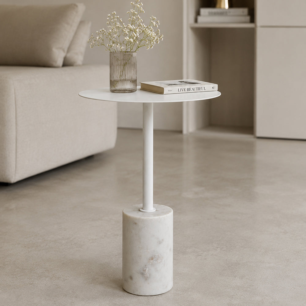 Emmy Metal Side Table With Marble Base - White