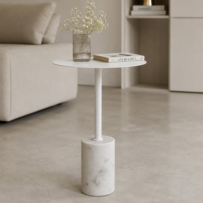 Emmy Metal Side Table With Marble Base - White