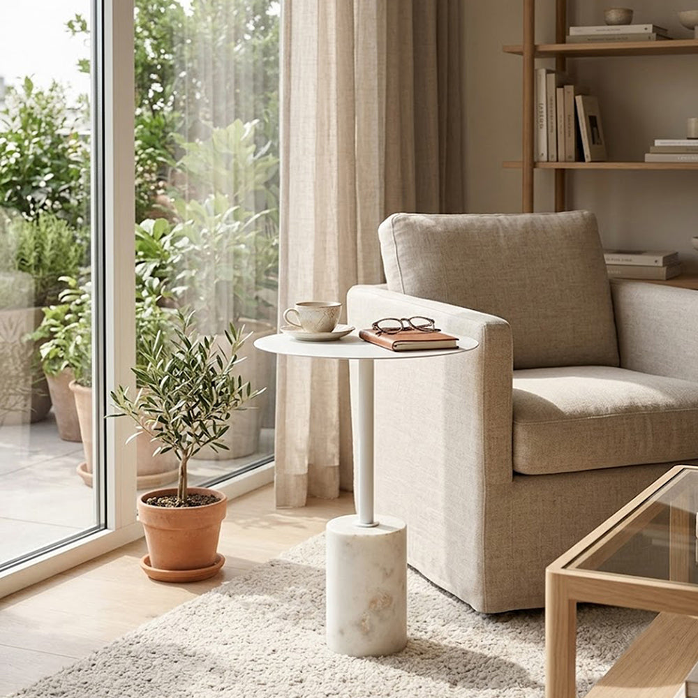 Emmy Metal Side Table With Marble Base - White