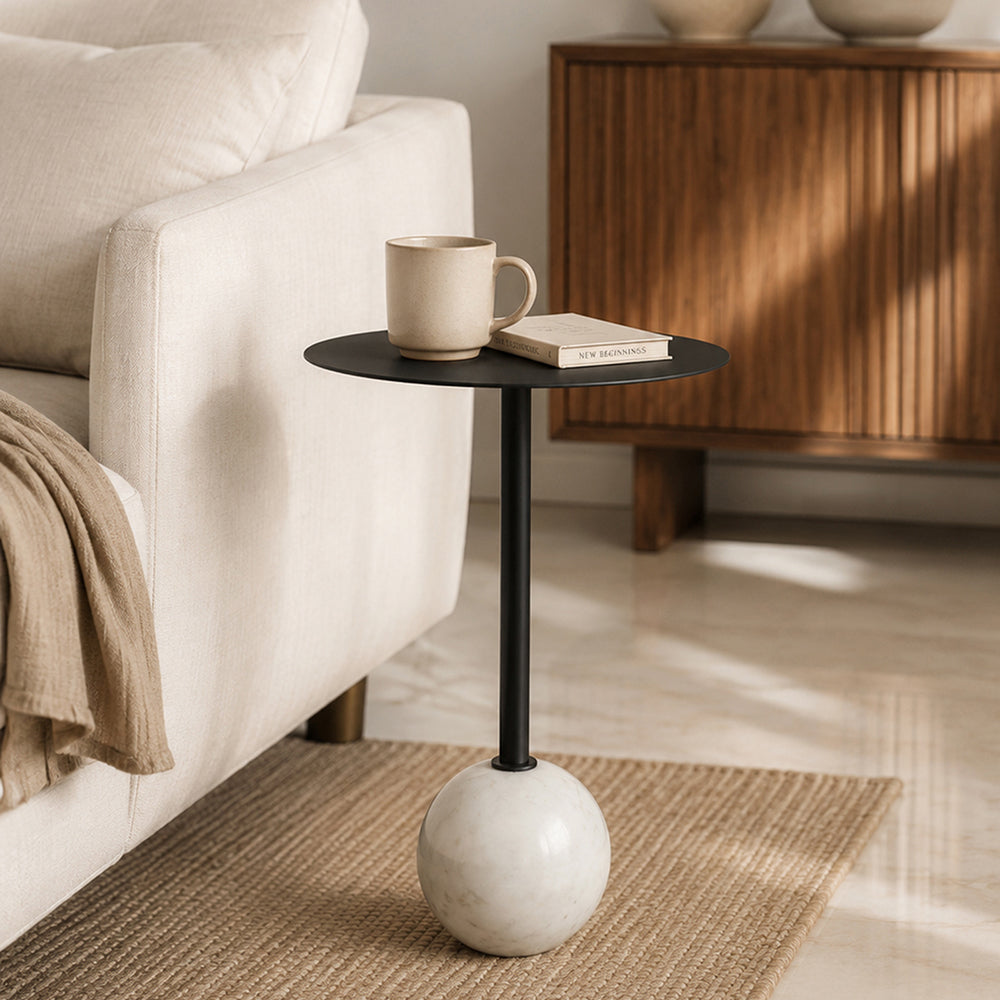 Emmy Metal Side Table With Round Marble Base - Black