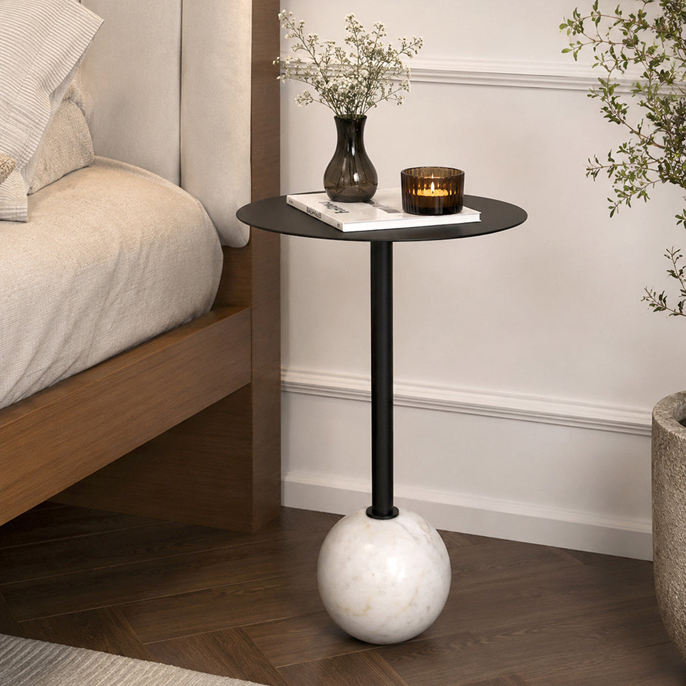 Emmy Metal Side Table With Round Marble Base - Black