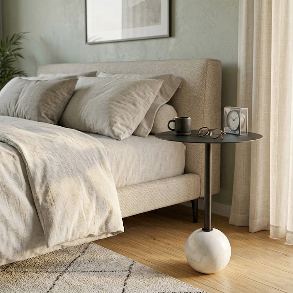 Emmy Metal Side Table With Round Marble Base - Black