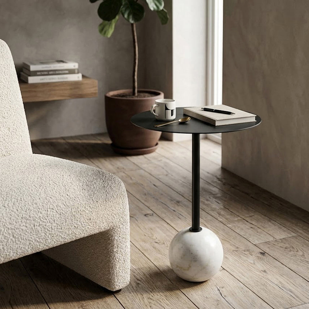 Emmy Metal Side Table With Round Marble Base - Black