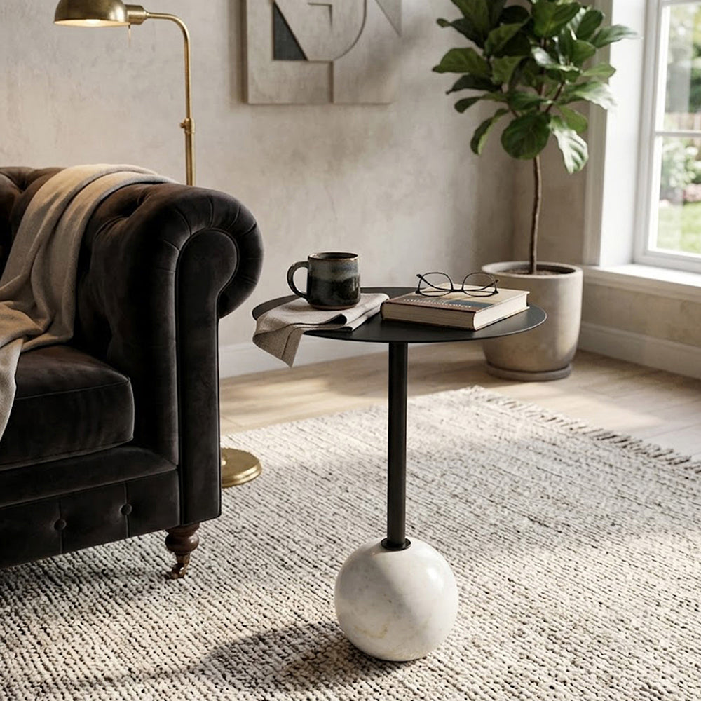 Emmy Metal Side Table With Round Marble Base - Black