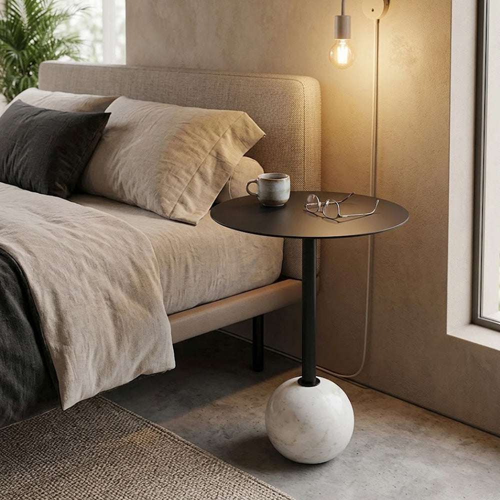 Emmy Metal Side Table With Round Marble Base - Black