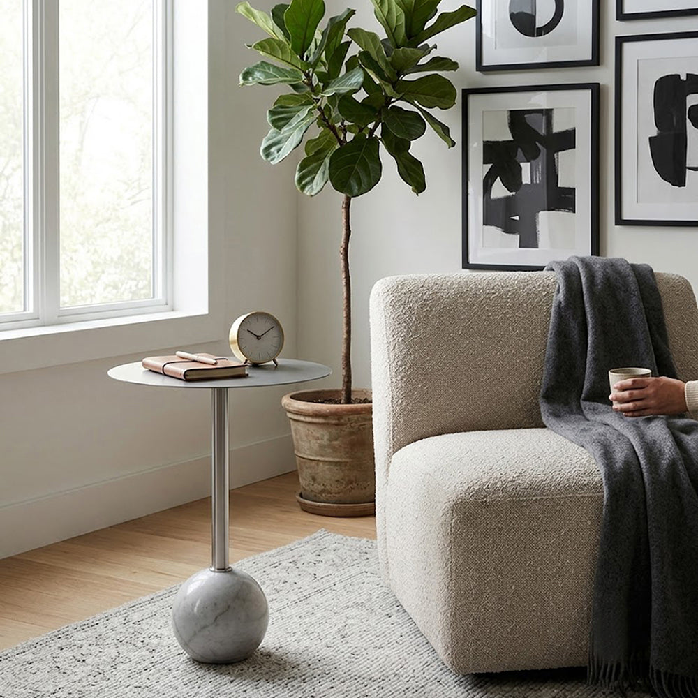 Emmy Metal Side Table With Round Marble Base - Silver