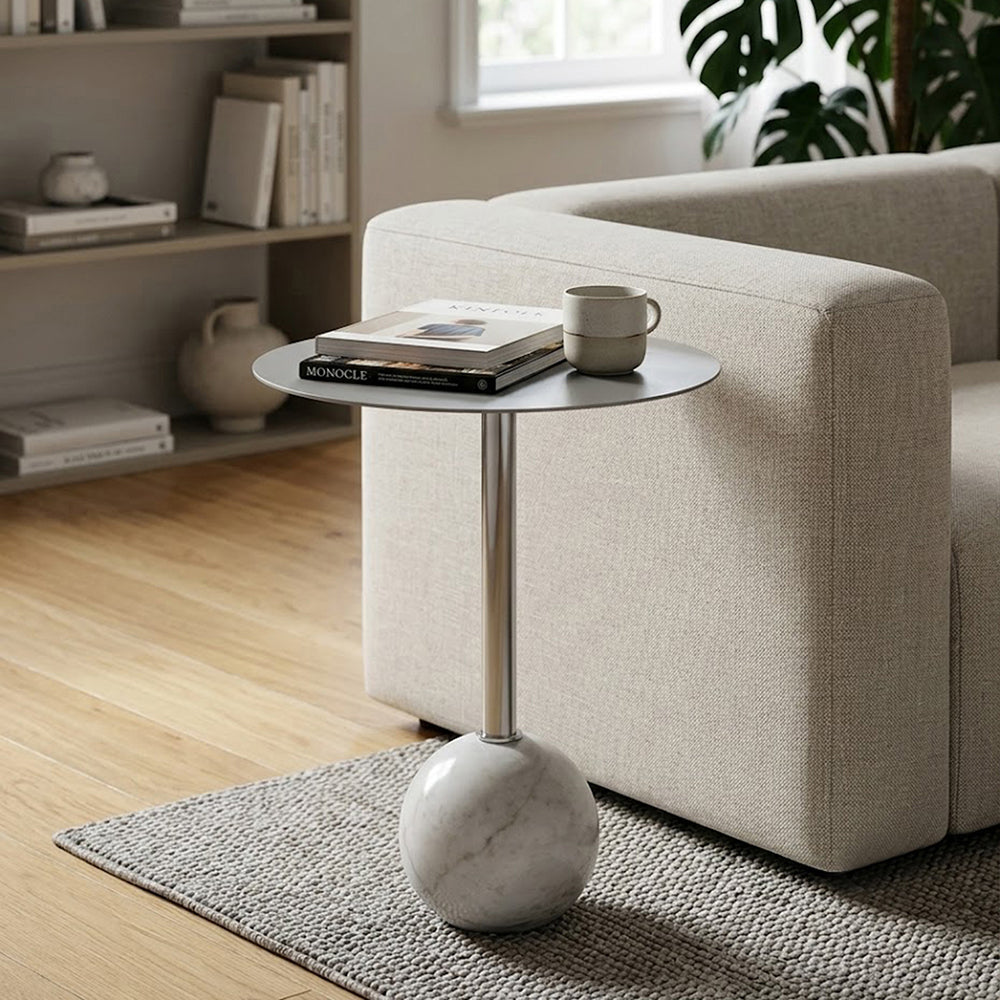 Emmy Metal Side Table With Round Marble Base - Silver