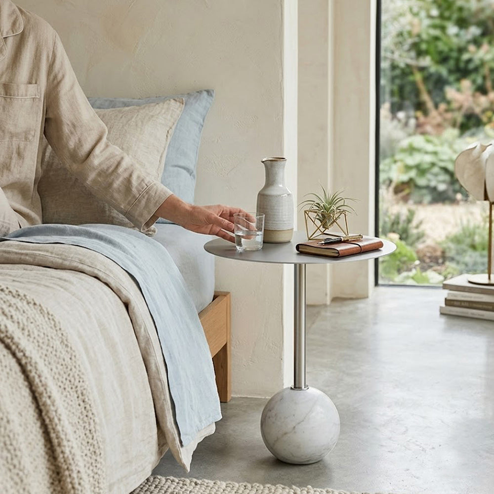 Emmy Metal Side Table With Round Marble Base - Silver