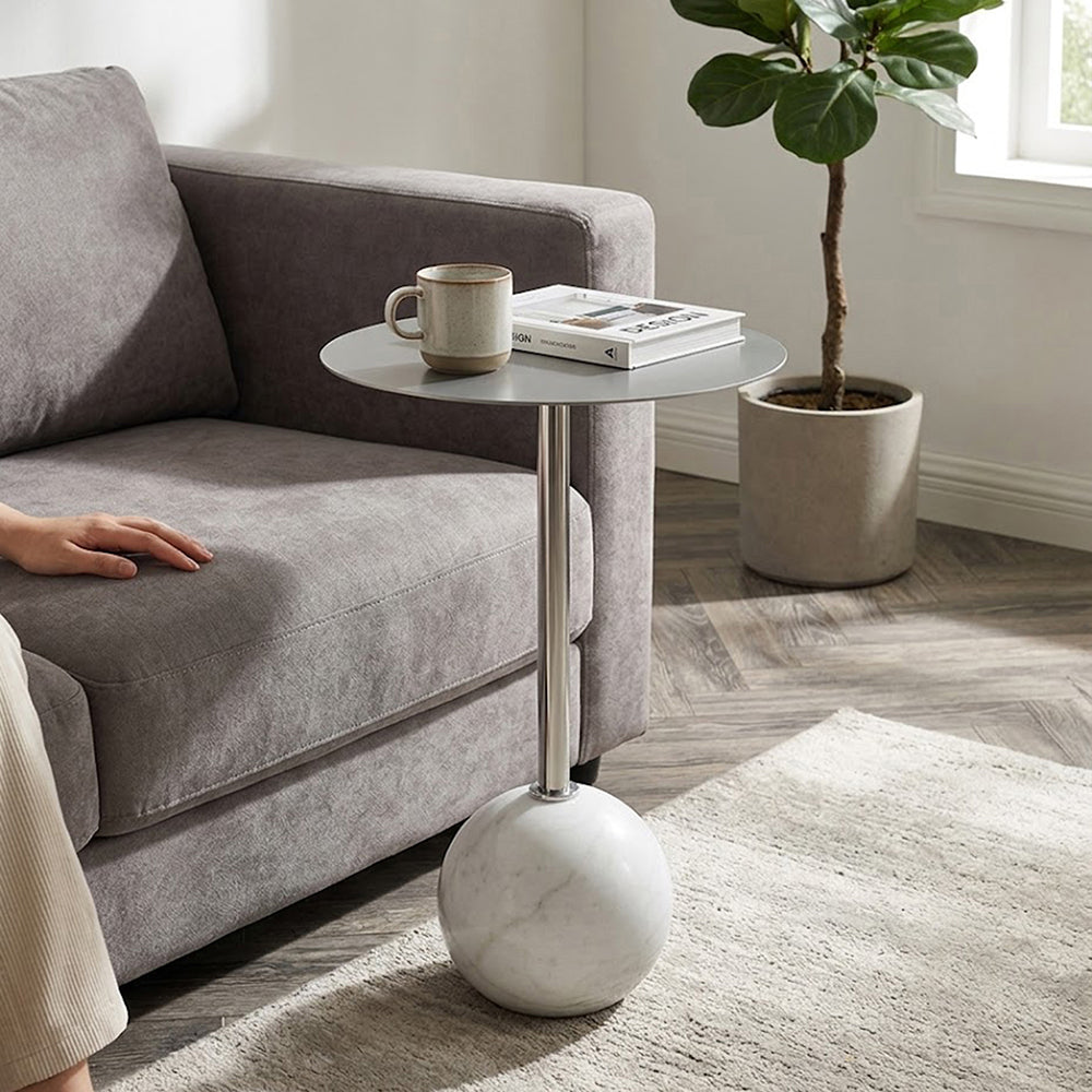 Emmy Metal Side Table With Round Marble Base - Silver