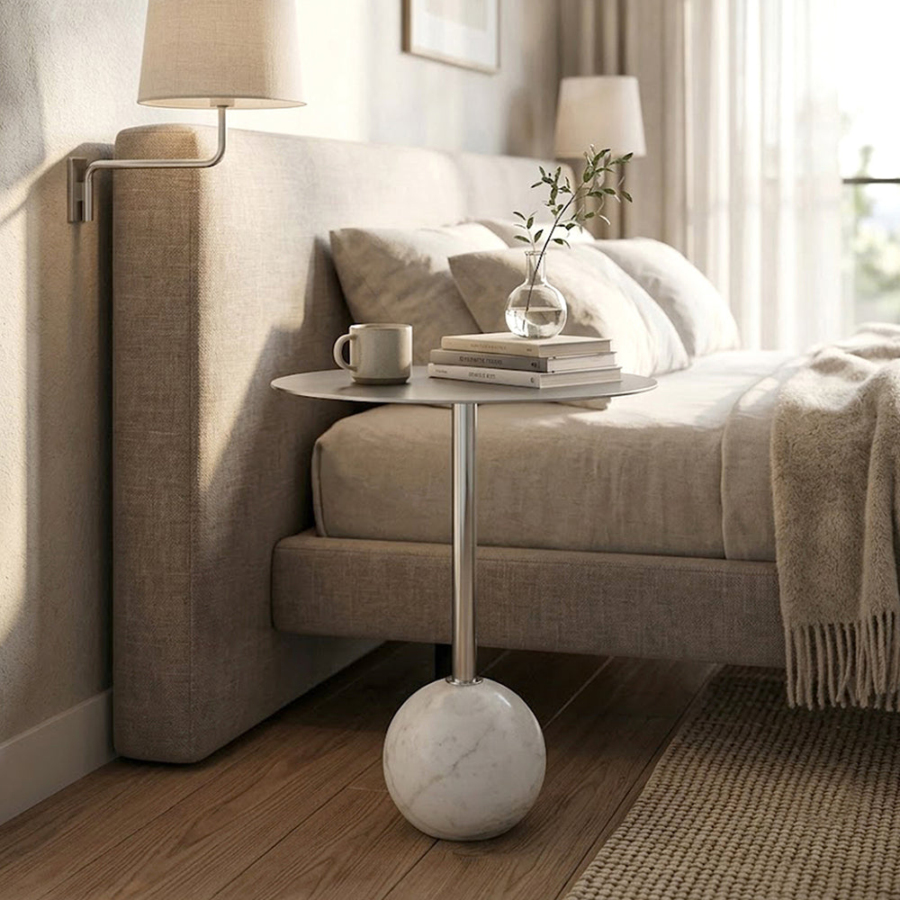 Emmy Metal Side Table With Round Marble Base - Silver