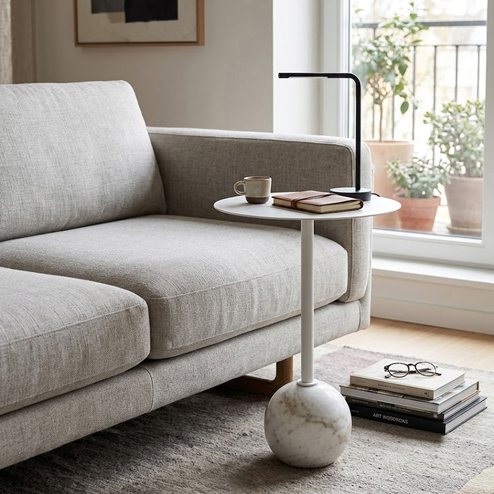 Emmy Metal Side Table With Round Marble Base - White