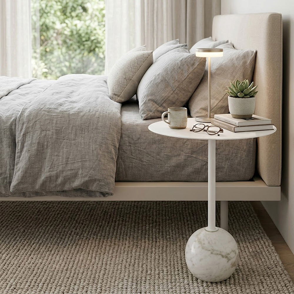 Emmy Metal Side Table With Round Marble Base - White