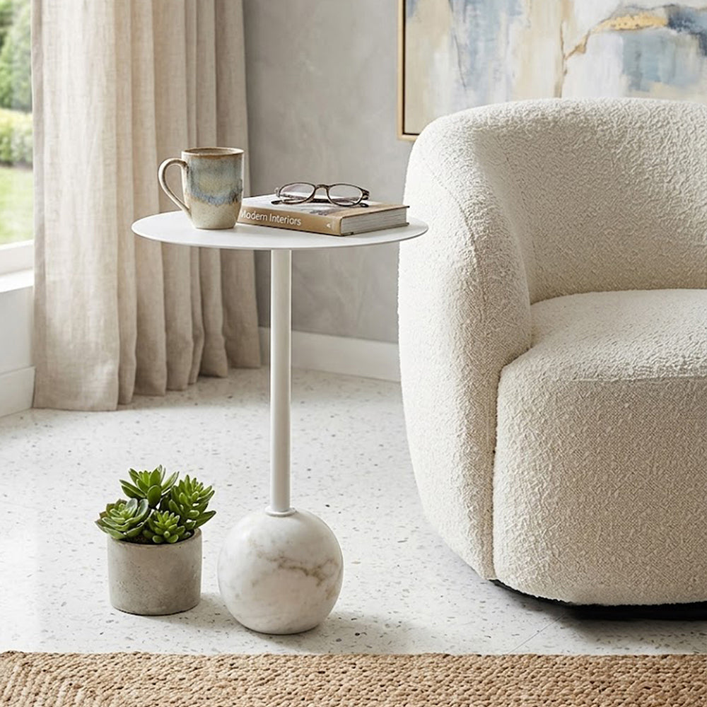 Emmy Metal Side Table With Round Marble Base - White