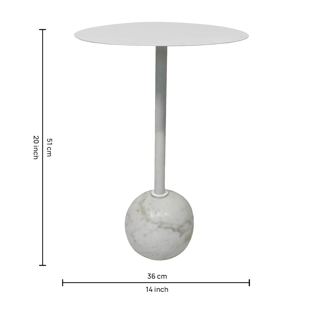Emmy Metal Side Table With Round Marble Base - White