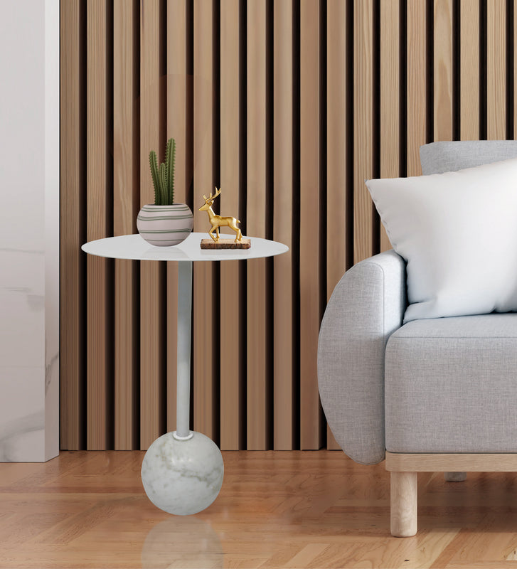 Emmy Metal Side Table With Round Marble Base - White