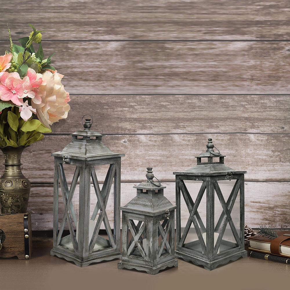 Pack Of 3 Square Mango Wood Lantern For Home Decor