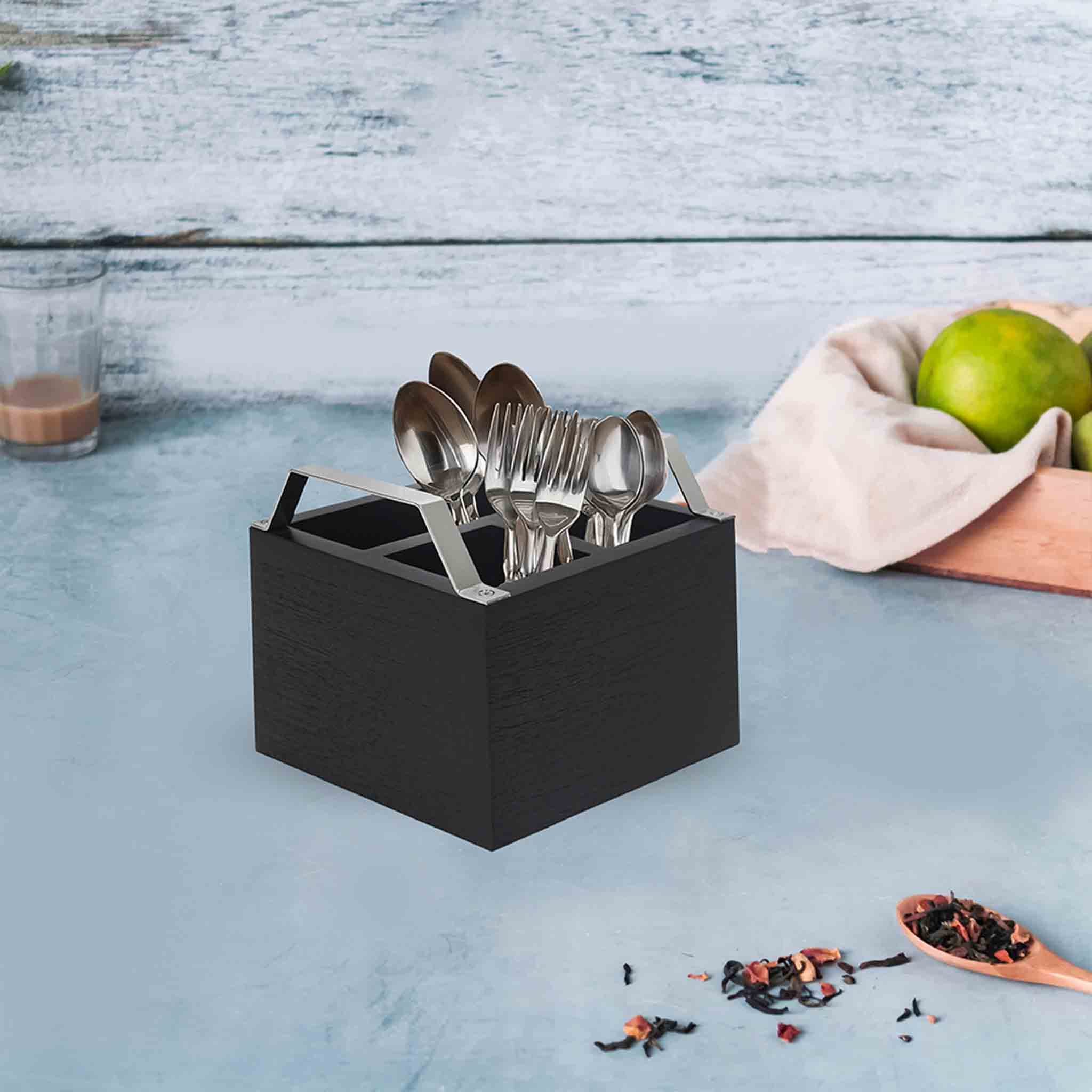 Wooden Cutlery Holder With Metal Handle For Dining Room, Kitchen And Desk