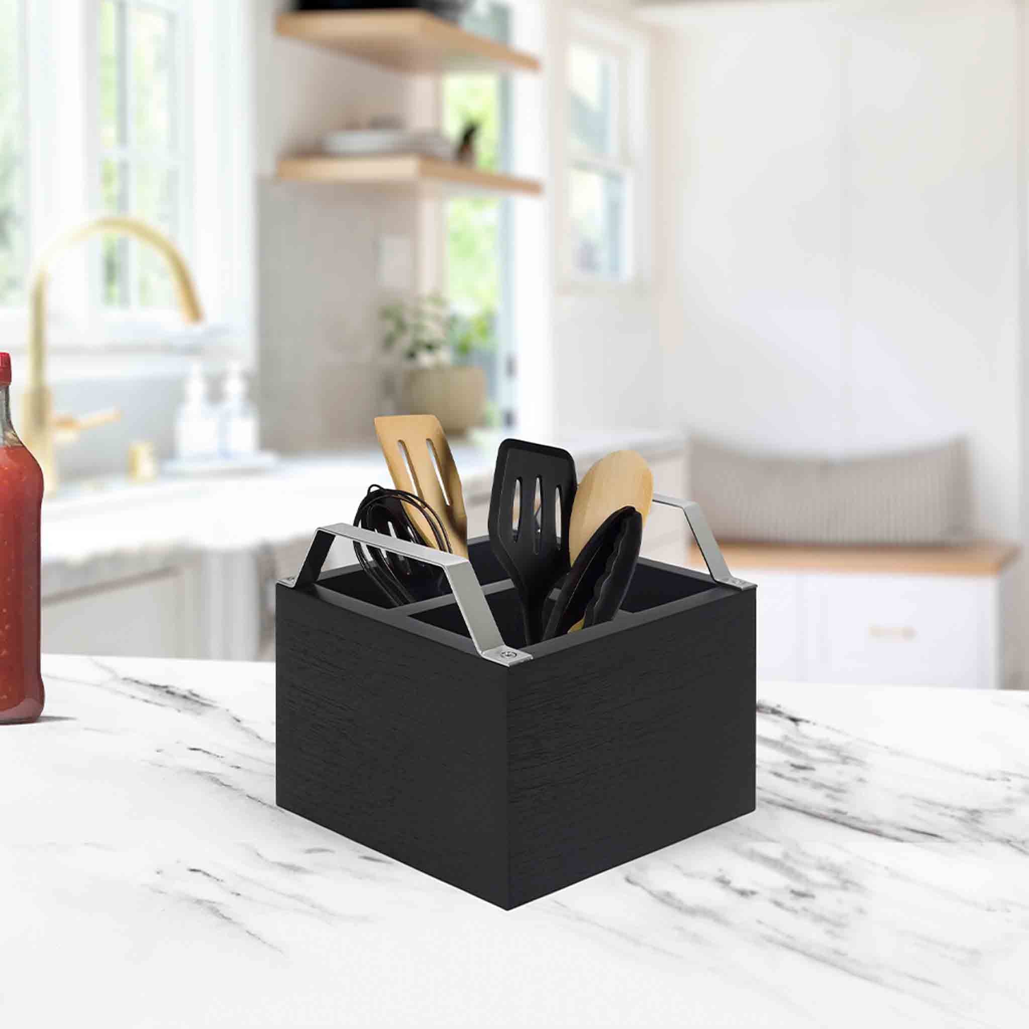 Wooden Cutlery Holder With Metal Handle For Dining Room, Kitchen And Desk