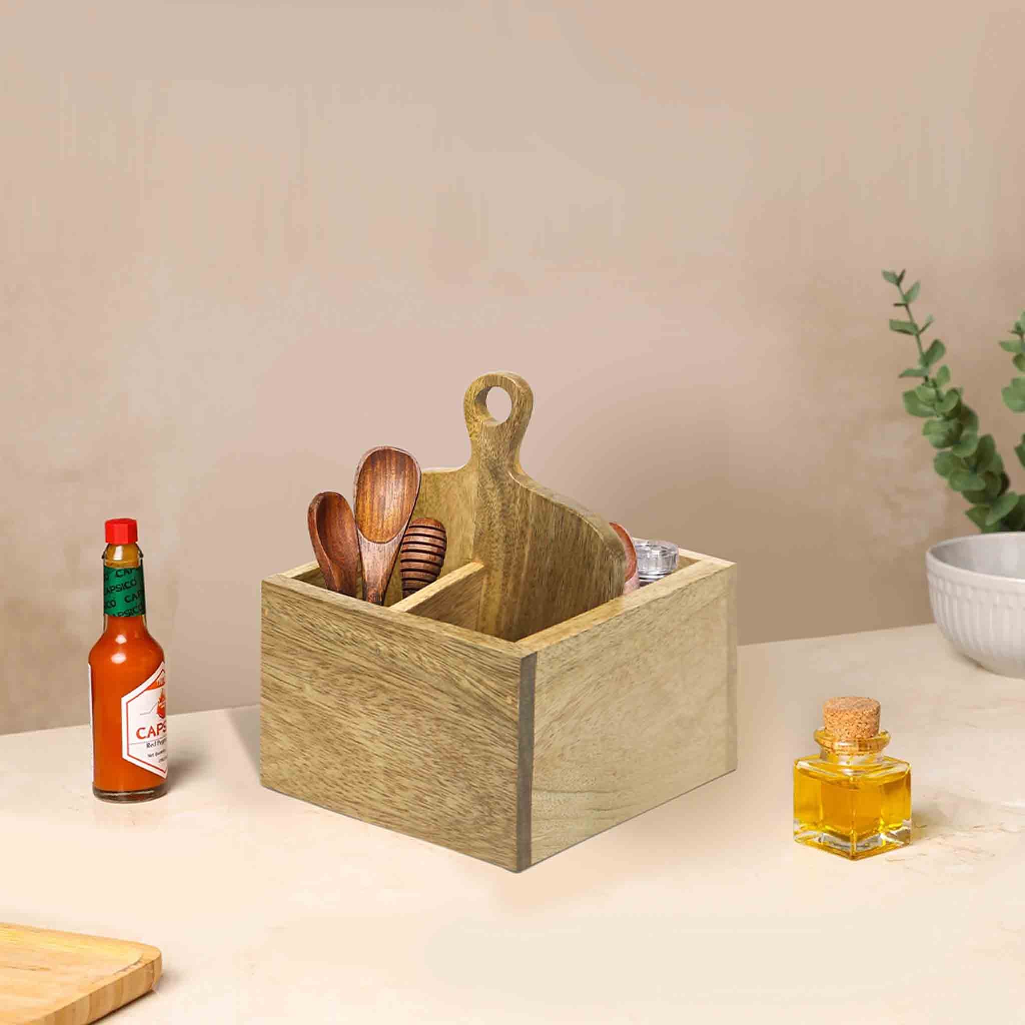 Wooden Cutlery Holder With Metal Handle For Dining Room, Kitchen And Desk