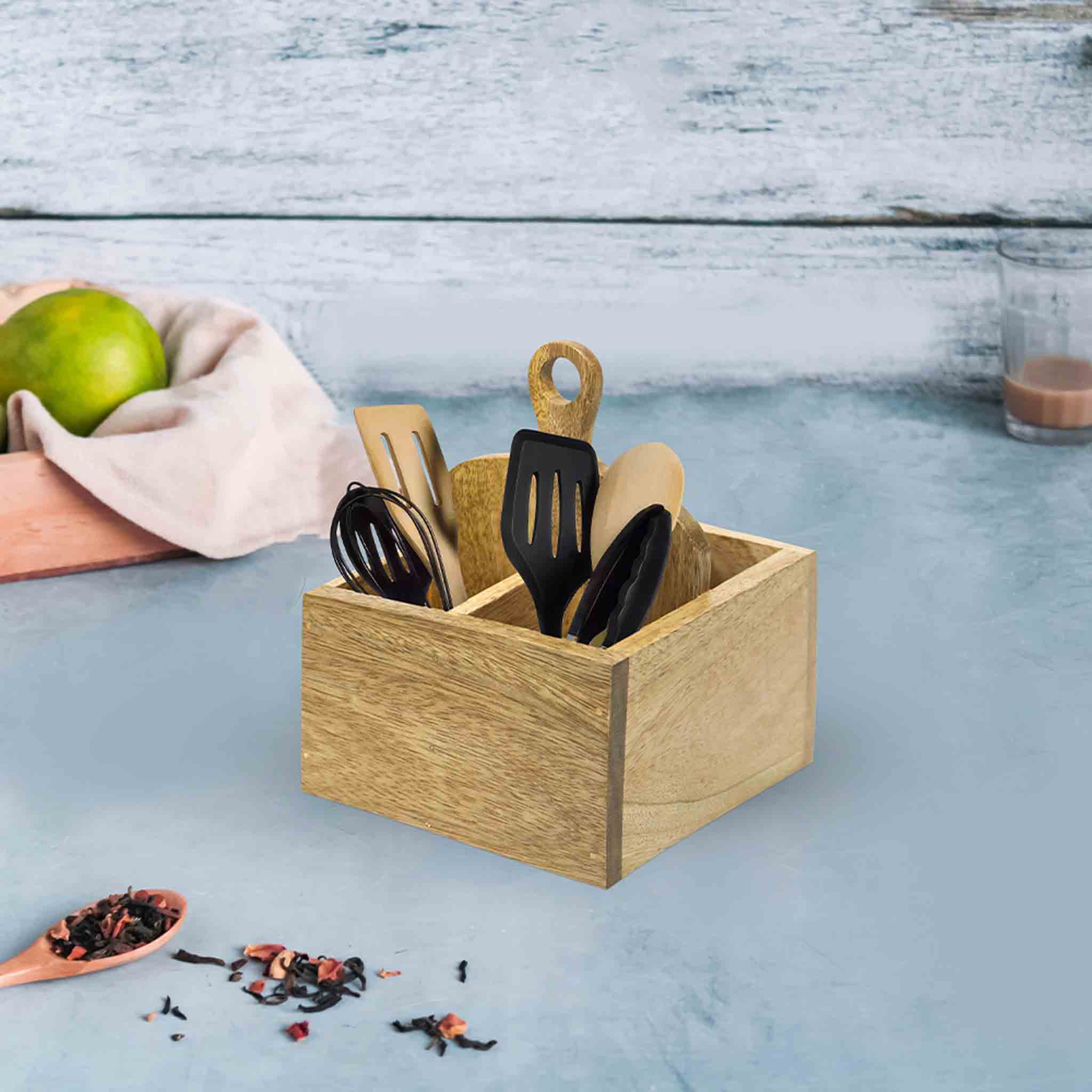 Wooden Cutlery Holder With Metal Handle For Dining Room, Kitchen And Desk