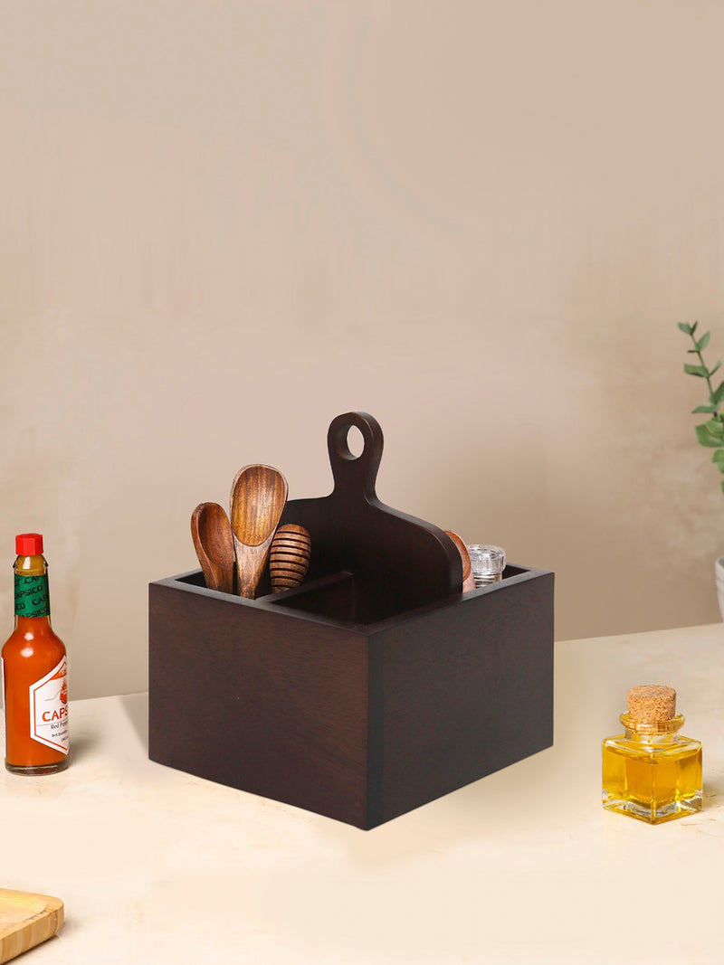 Wooden Cutlery Holder With Metal Handle For Dining Room, Kitchen And Desk