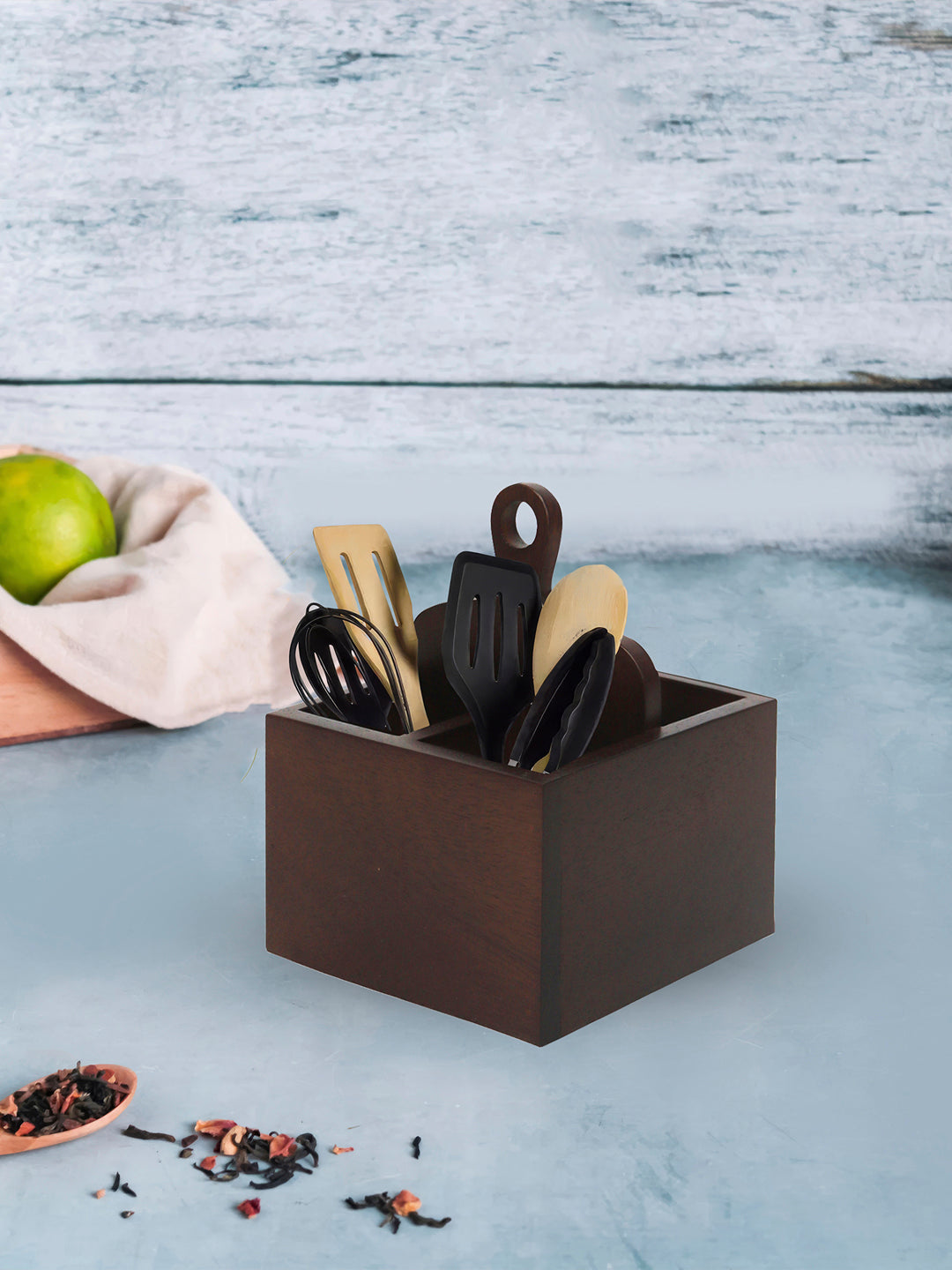 Wooden Cutlery Holder With Metal Handle For Dining Room, Kitchen And Desk