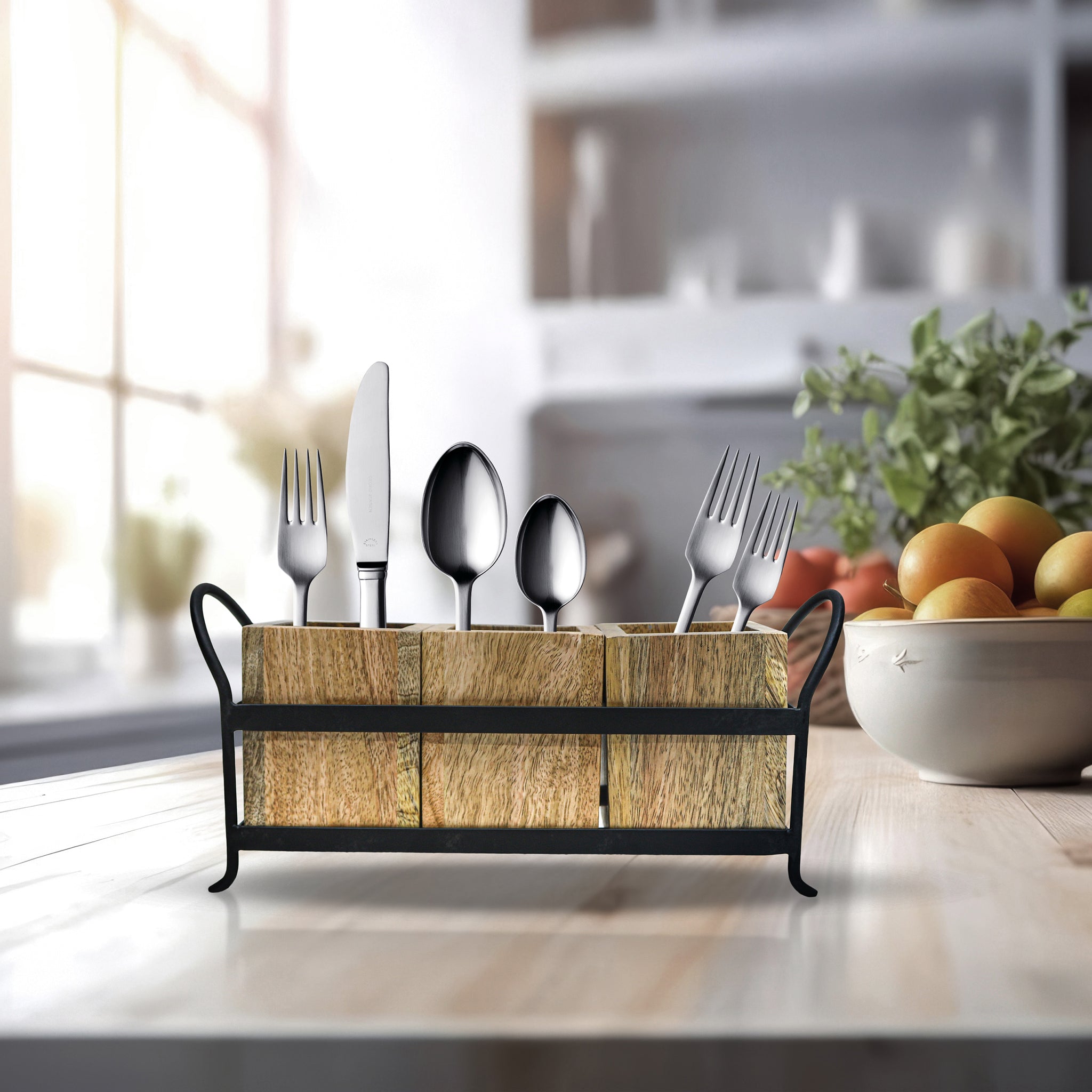 Wooden Cutlery Holder With Metal Handle For Dining Room, Kitchen And Desk