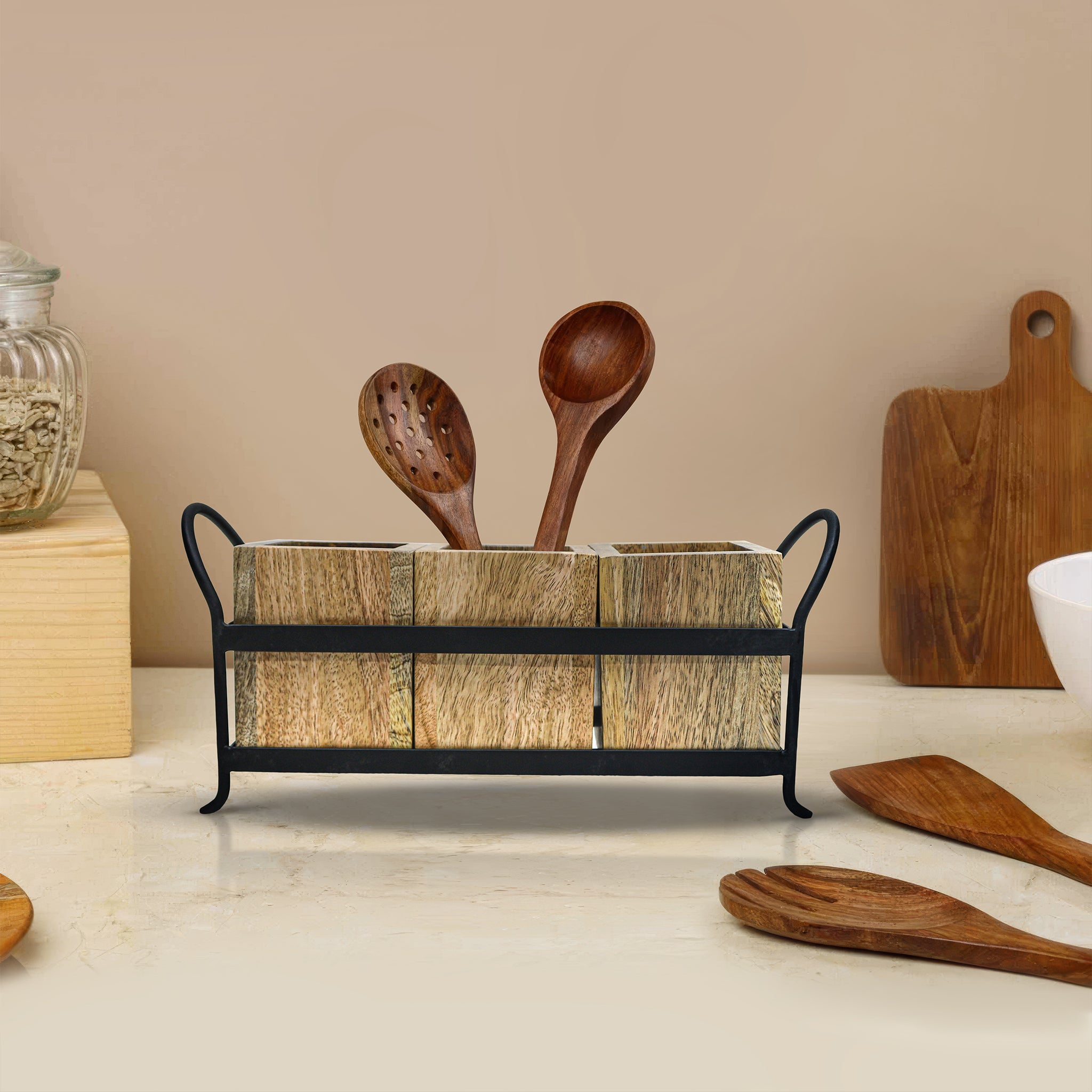 Wooden Cutlery Holder With Metal Handle For Dining Room, Kitchen And Desk