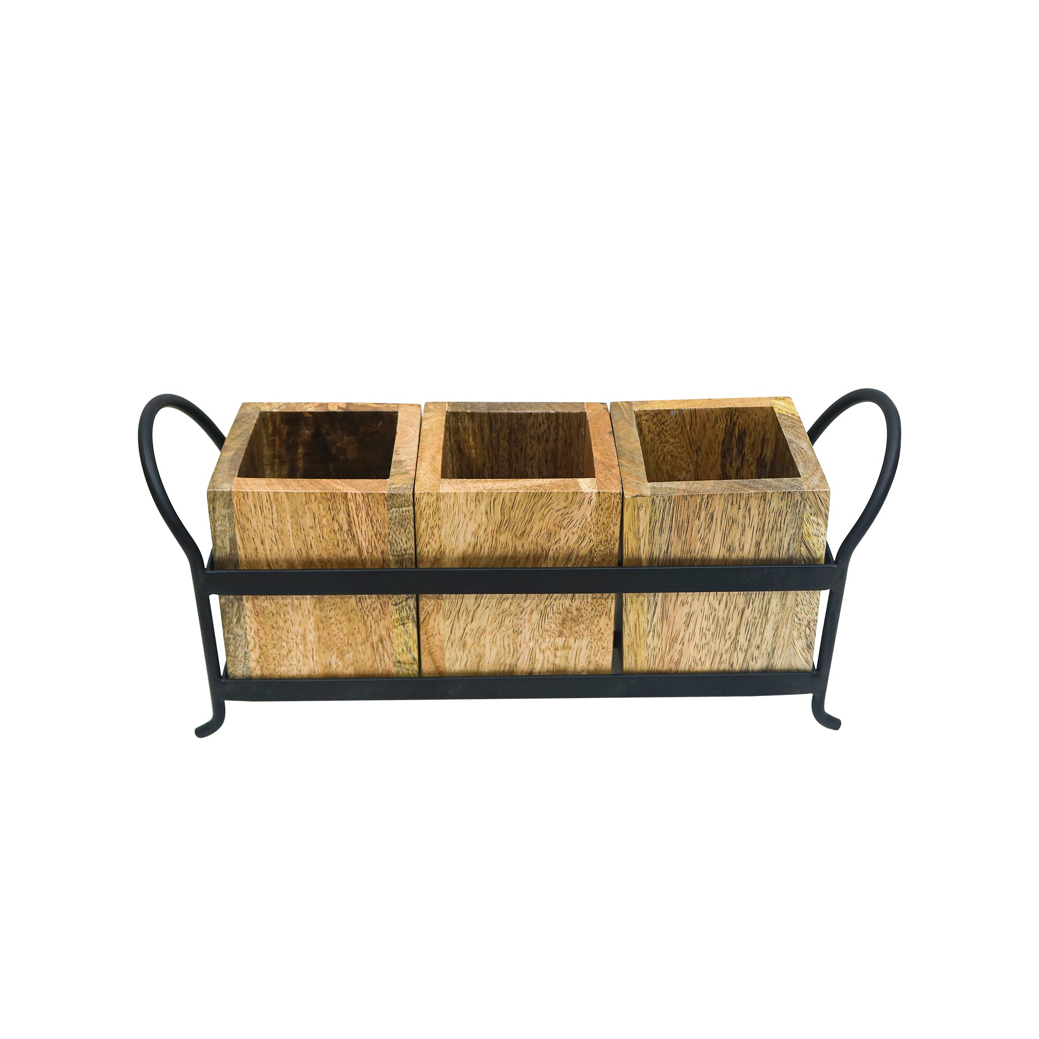 Wooden Cutlery Holder With Metal Handle For Dining Room, Kitchen And Desk