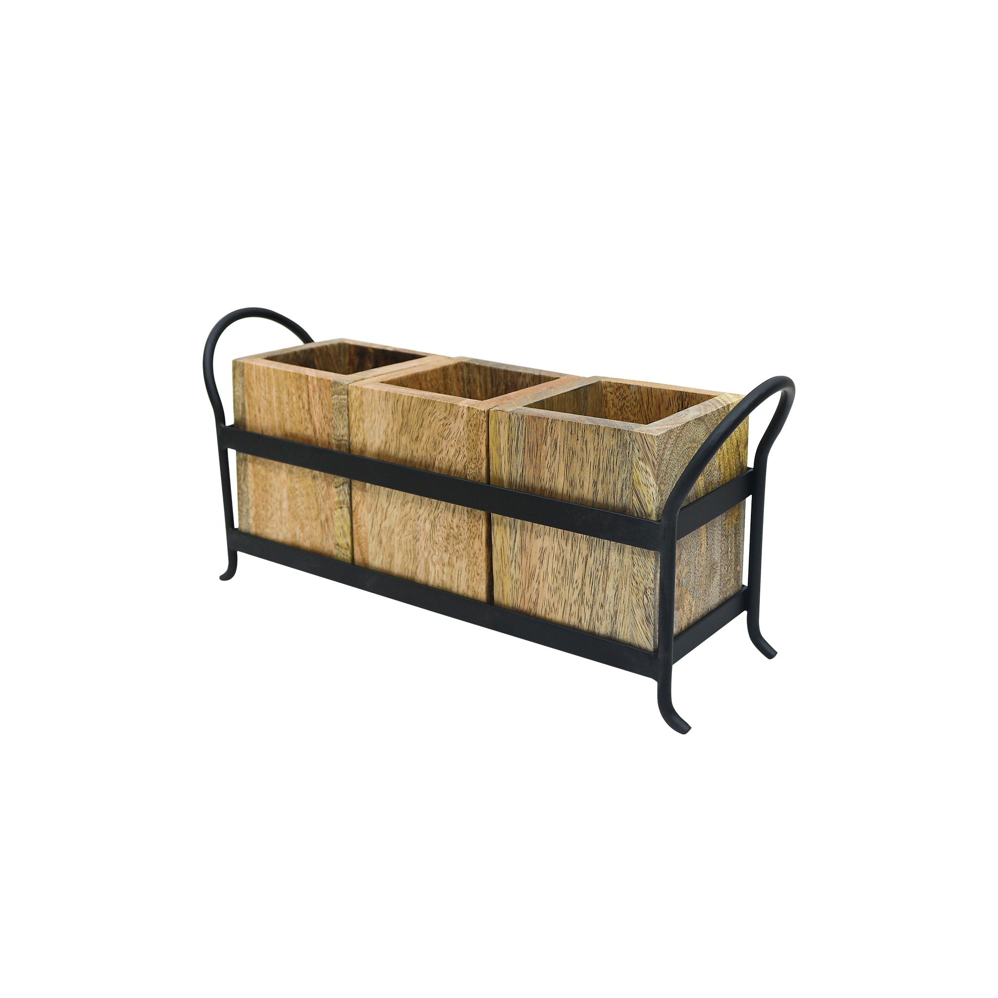 Wooden Cutlery Holder With Metal Handle For Dining Room, Kitchen And Desk