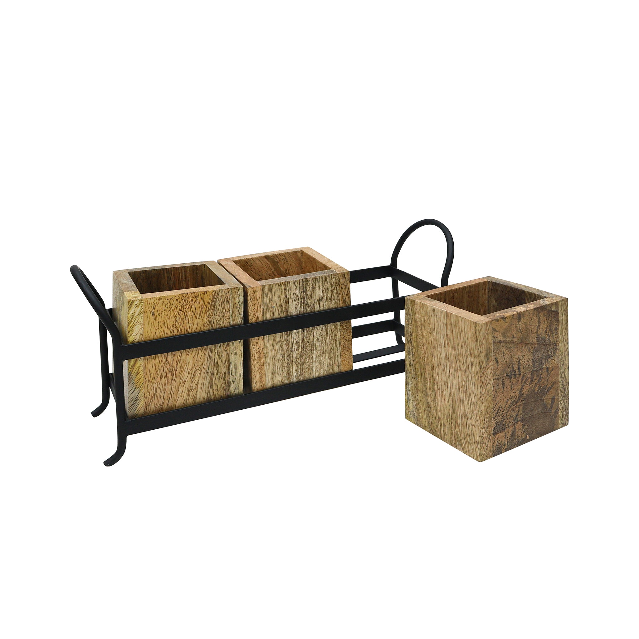 Wooden Cutlery Holder With Metal Handle For Dining Room, Kitchen And Desk