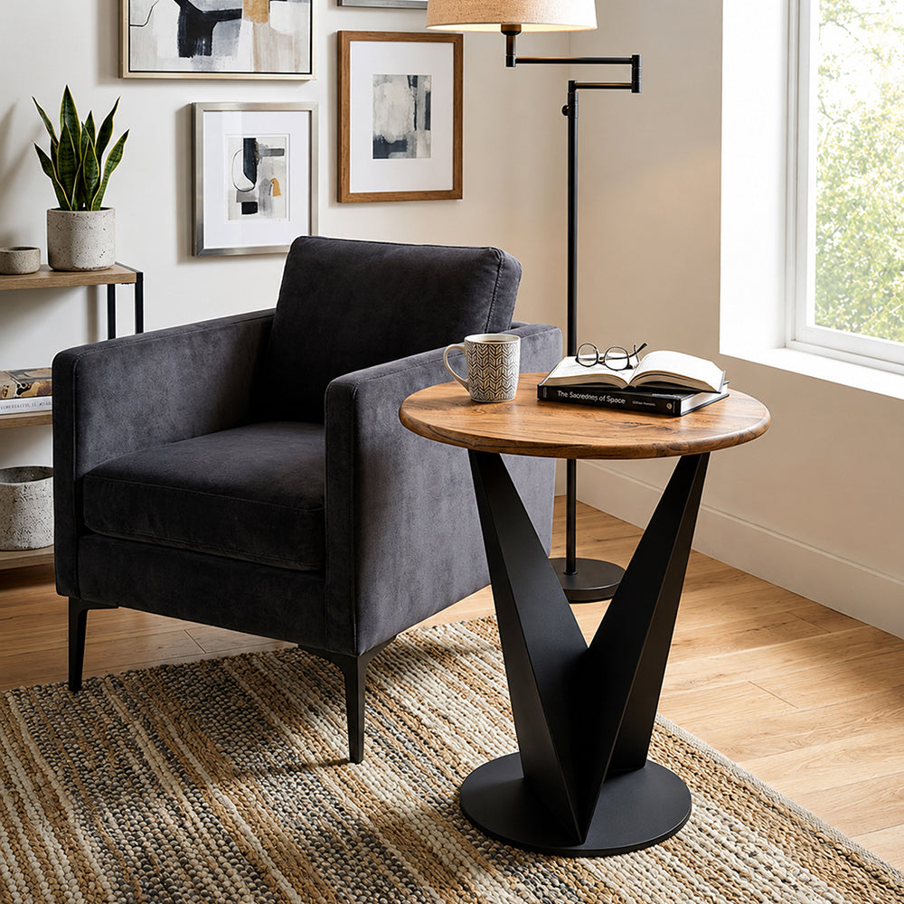 Flare Metal Side Table With Wooden Top - Black