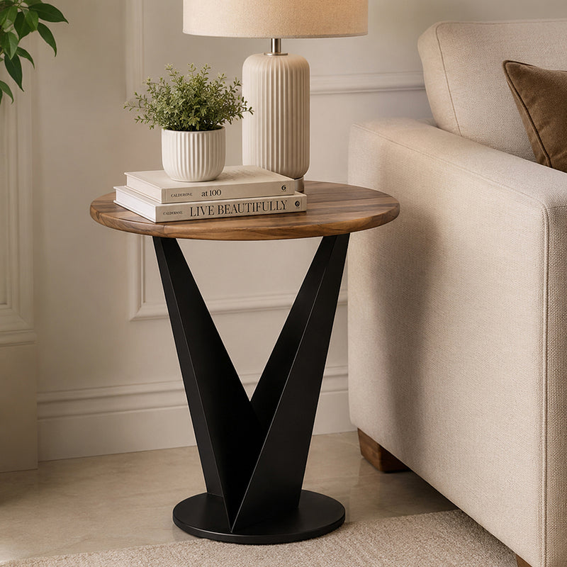 Flare Metal Side Table With Wooden Top - Black