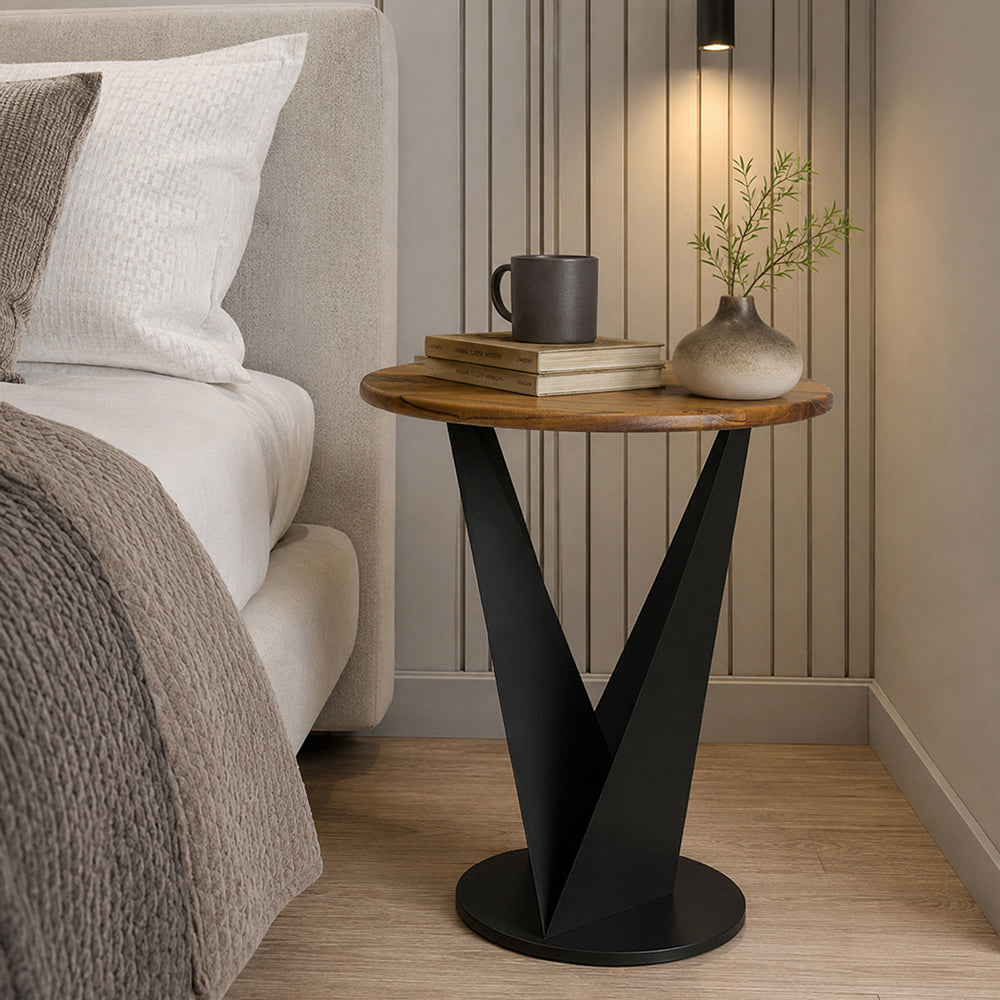 Flare Metal Side Table With Wooden Top - Black