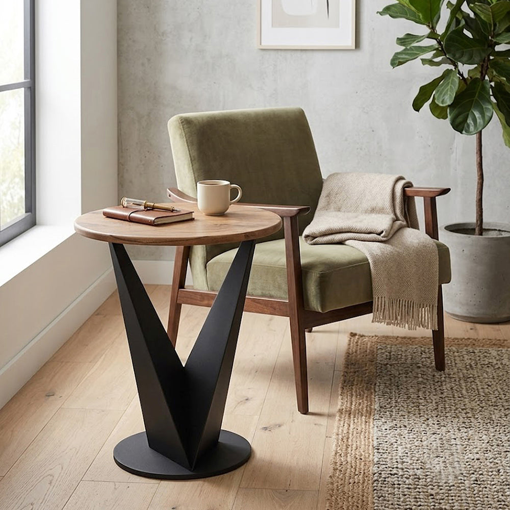 Flare Metal Side Table With Wooden Top - Black