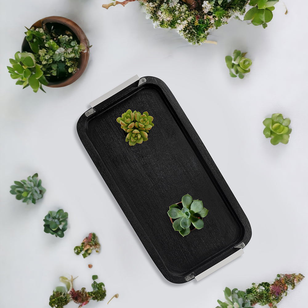 Wooden Serving Tray With Metal Handle