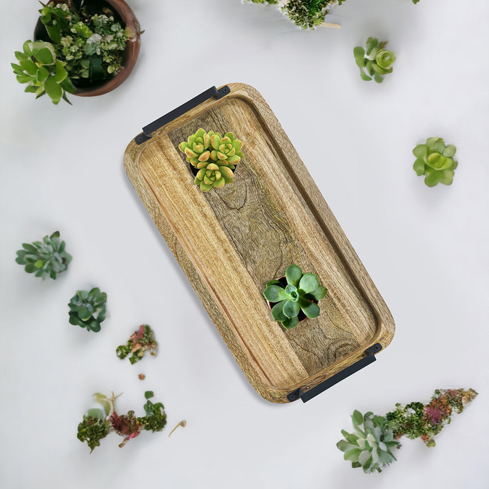 Wooden Serving Tray With Metal Handle