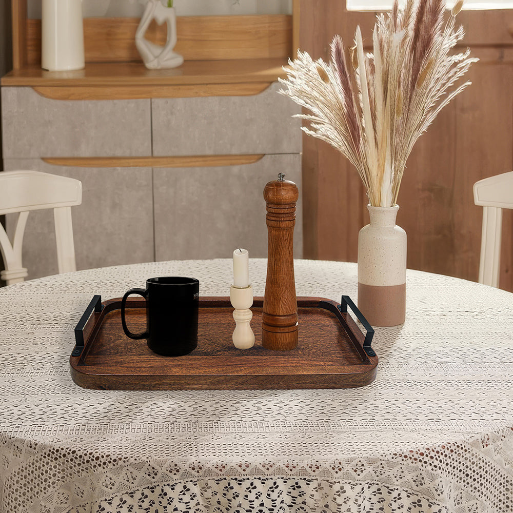 Wooden Serving Tray With Metal Handle