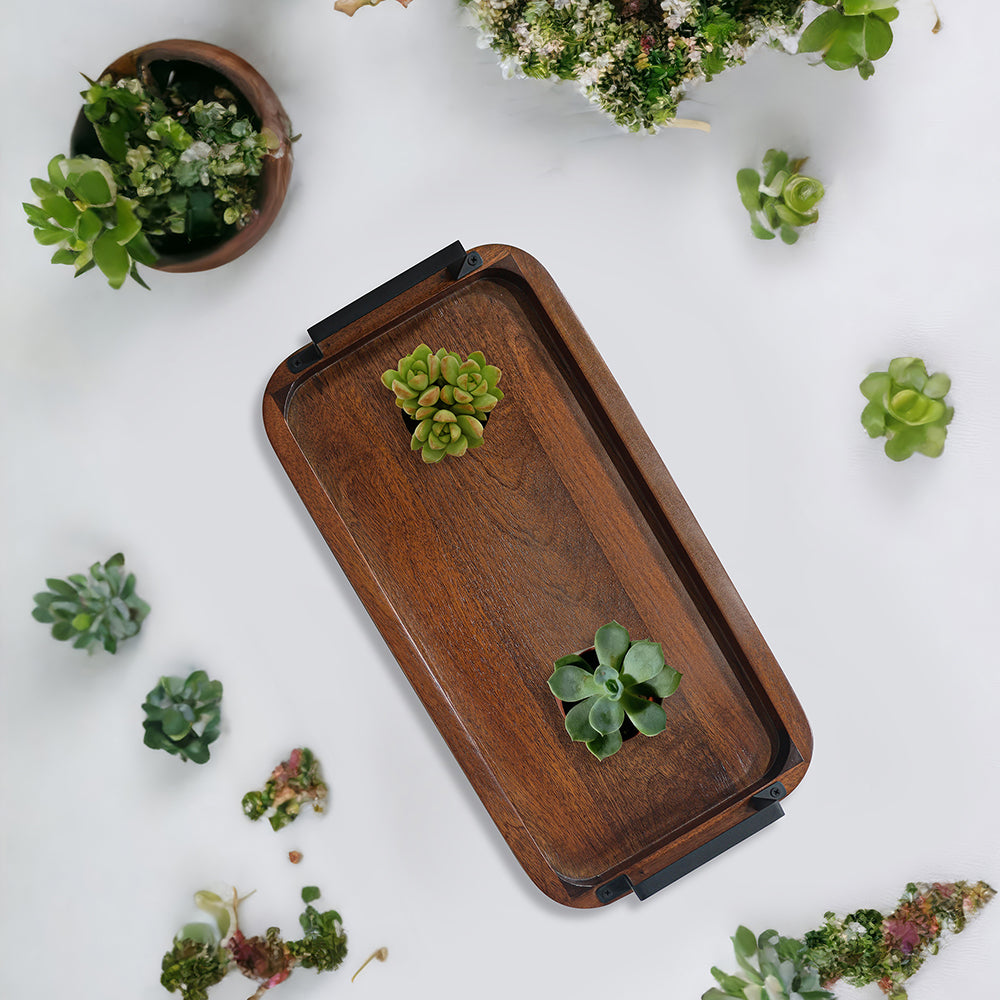 Wooden Serving Tray With Metal Handle