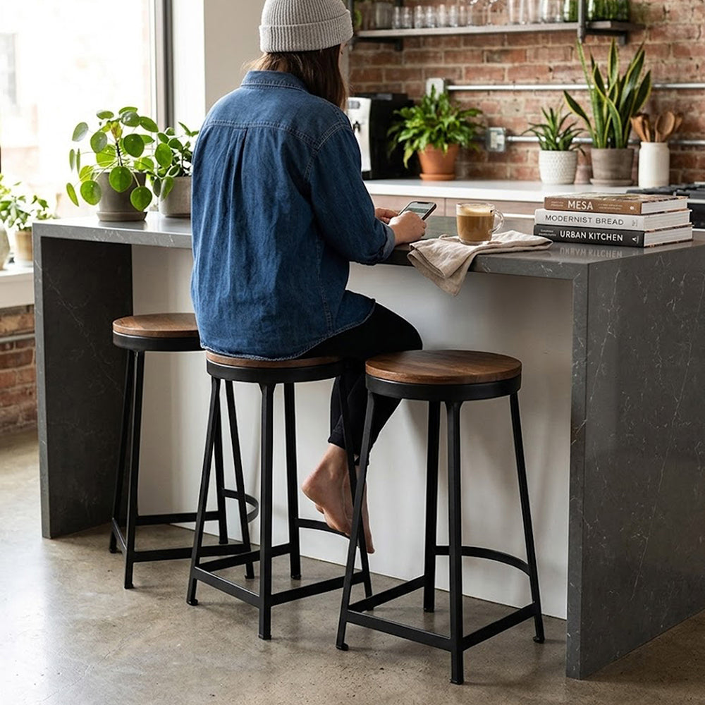 Elvor Metal Stool With Wooden Top - Black