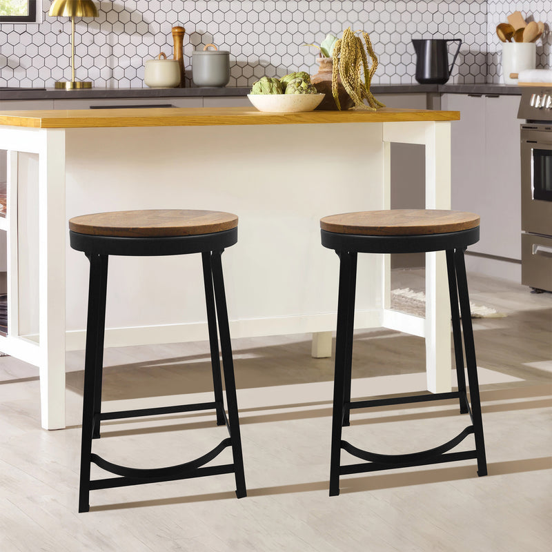 Iron Side Stool With Wooden Top For Indoor-Outdoor, Home & Office
