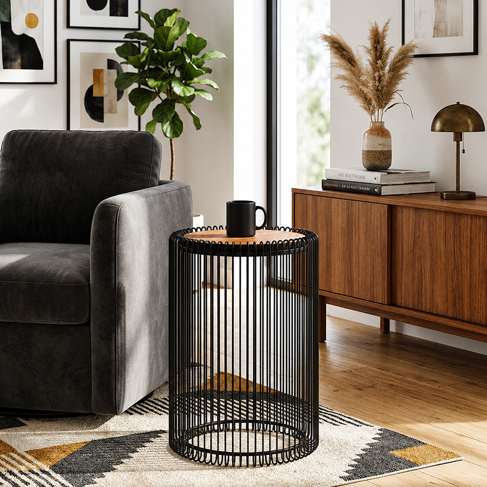 Cage Metal Stool With Wooden Top - Black