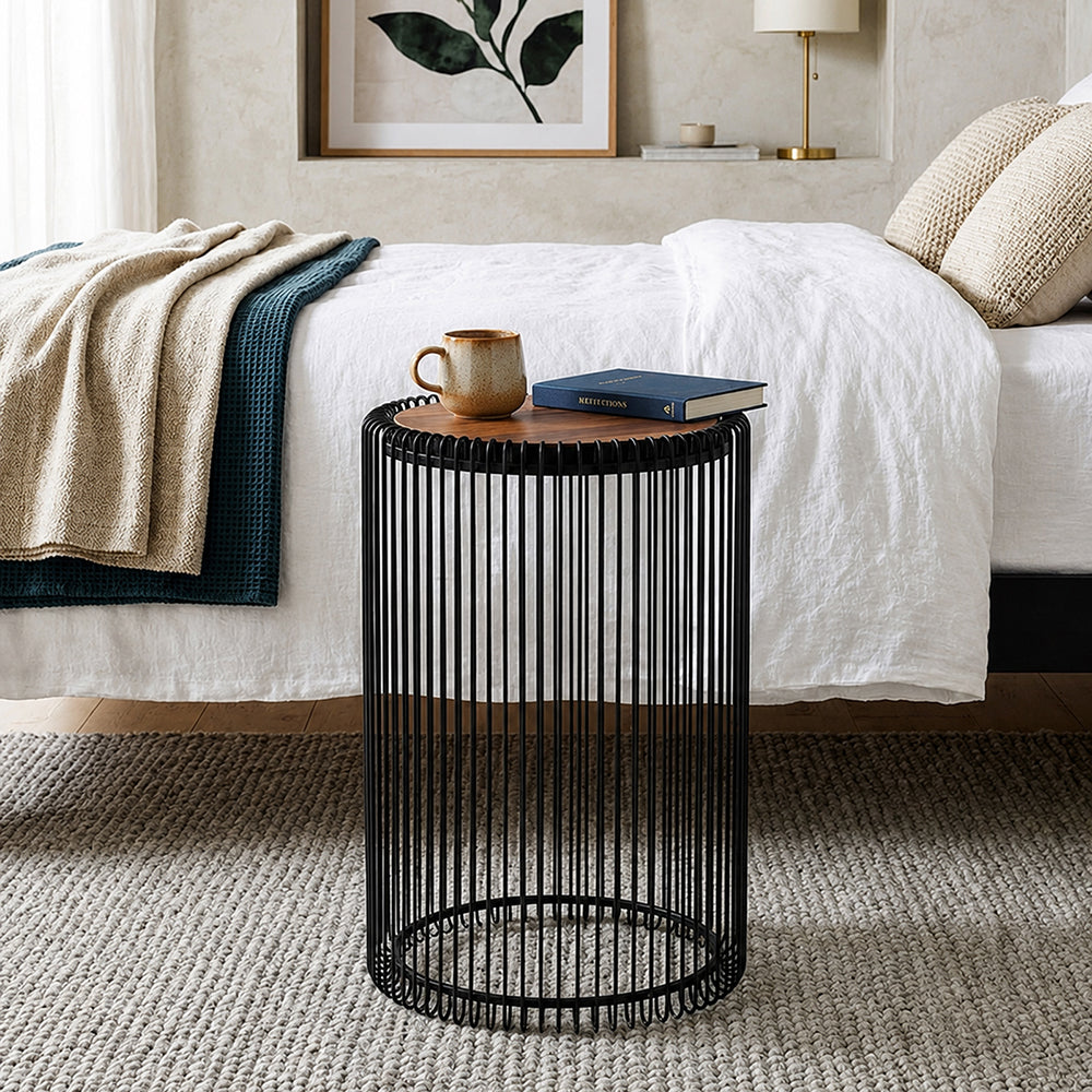Cage Metal Stool With Wooden Top - Black