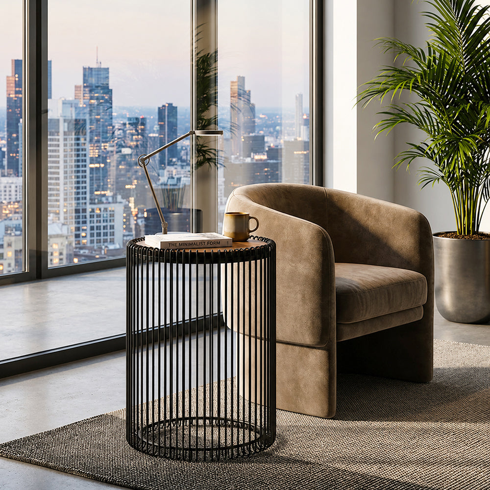 Cage Metal Stool With Wooden Top - Black