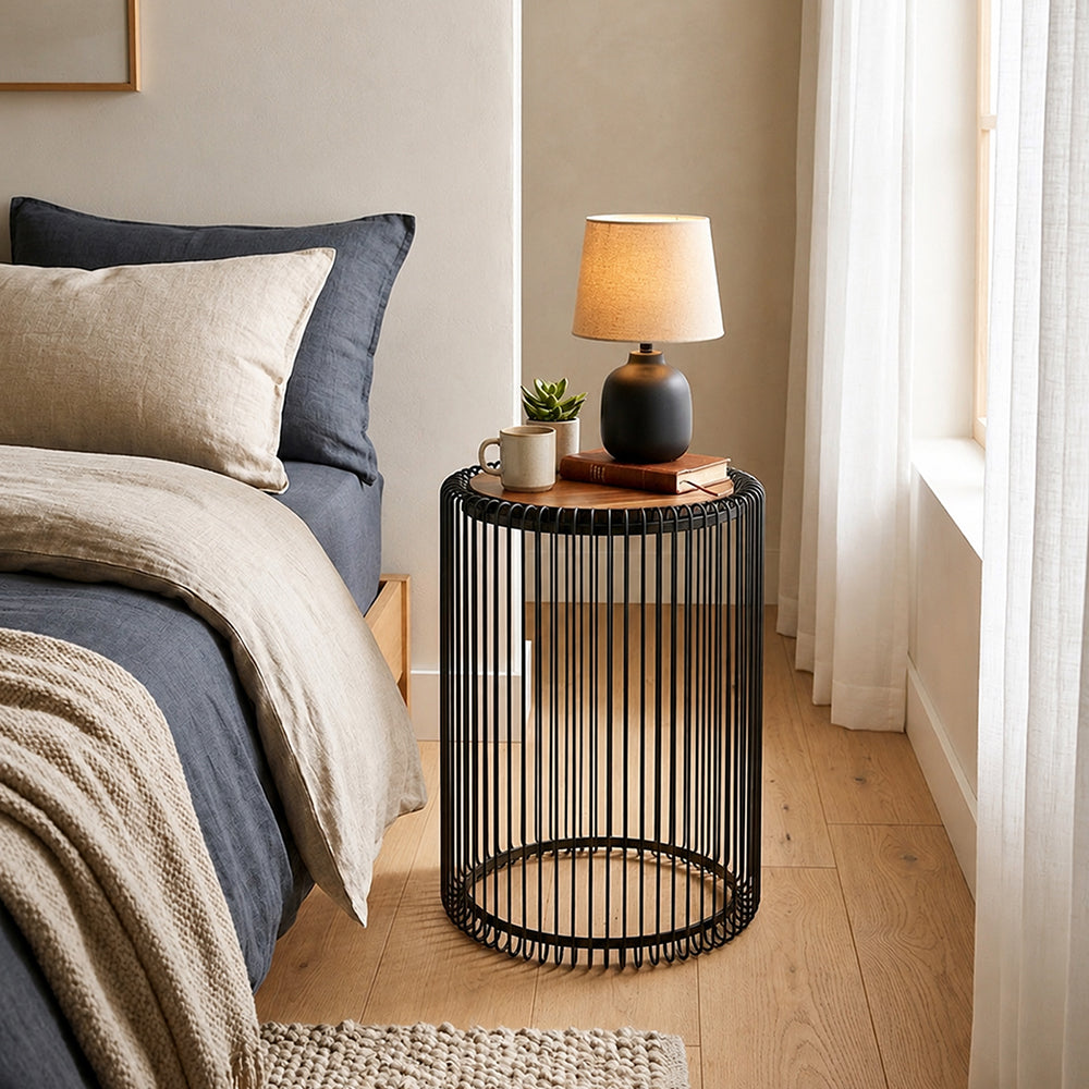 Cage Metal Stool With Wooden Top - Black