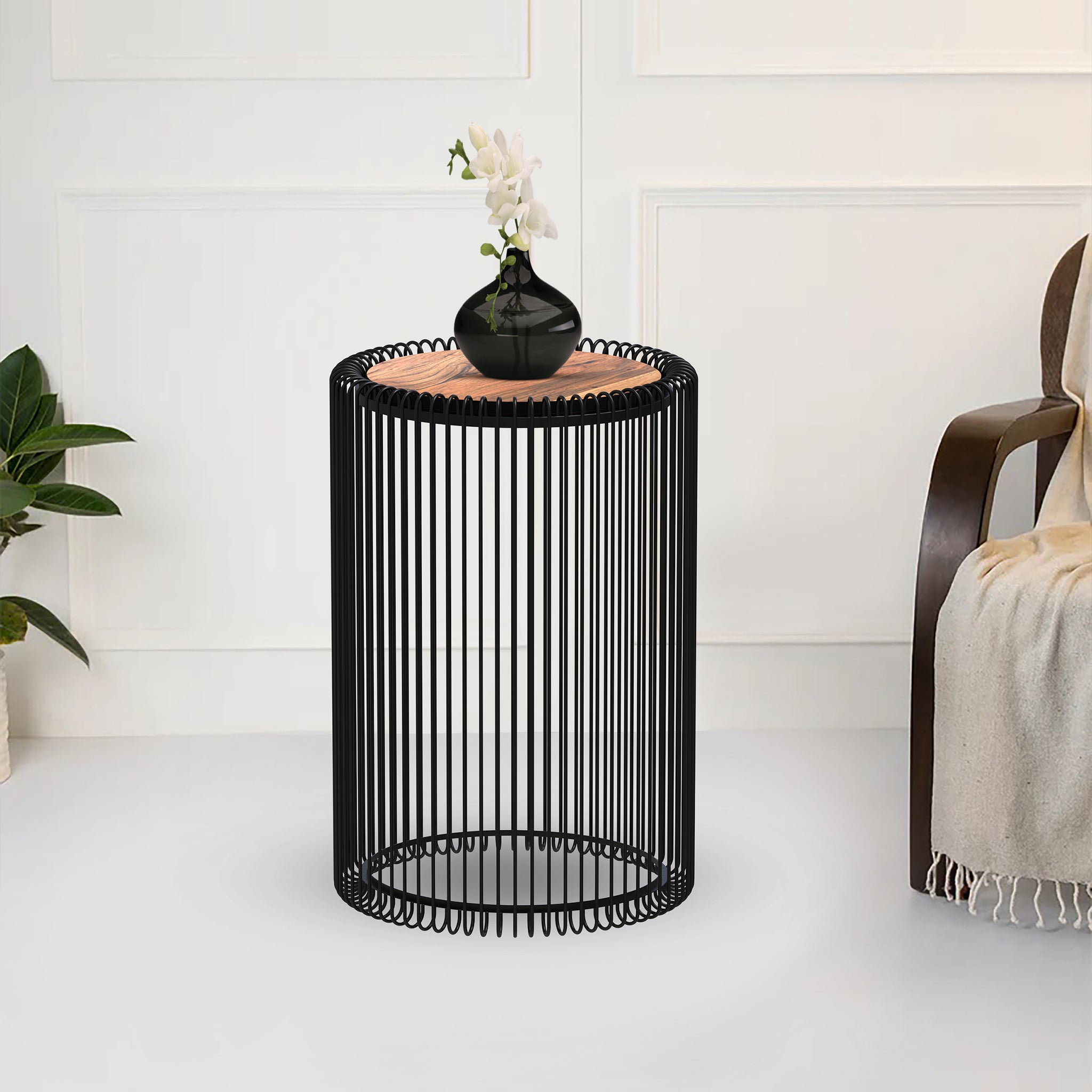 Iron Side Stool With Wooden Top For Indoor-Outdoor, Home & Office